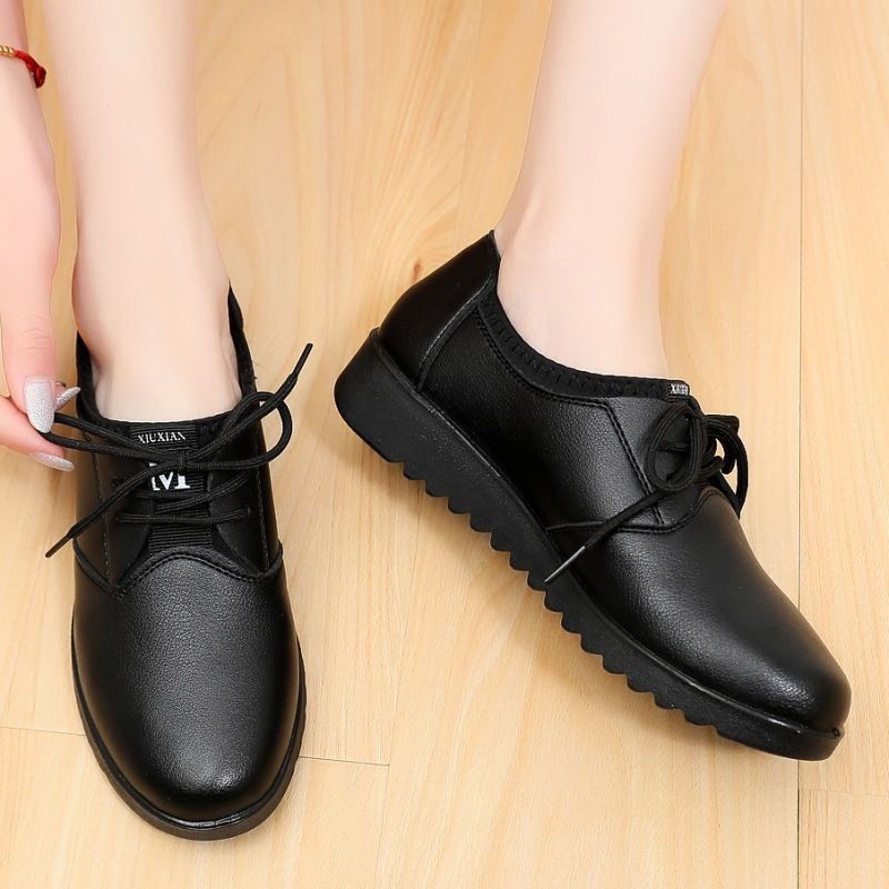 Leather Work Oxfords - 솔리드 블랙 옥스포드 슈즈 여성 작업용