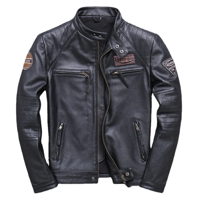 Leather Work Jacket - 빈티지 남성용 천연 가죽 바이커 재킷,