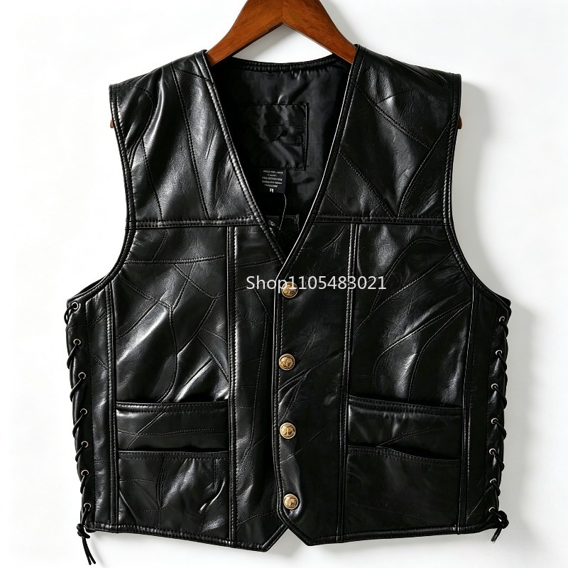 Leather Work Jacket - 남성용 블랙 패치워크 가죽 바이커 조끼,