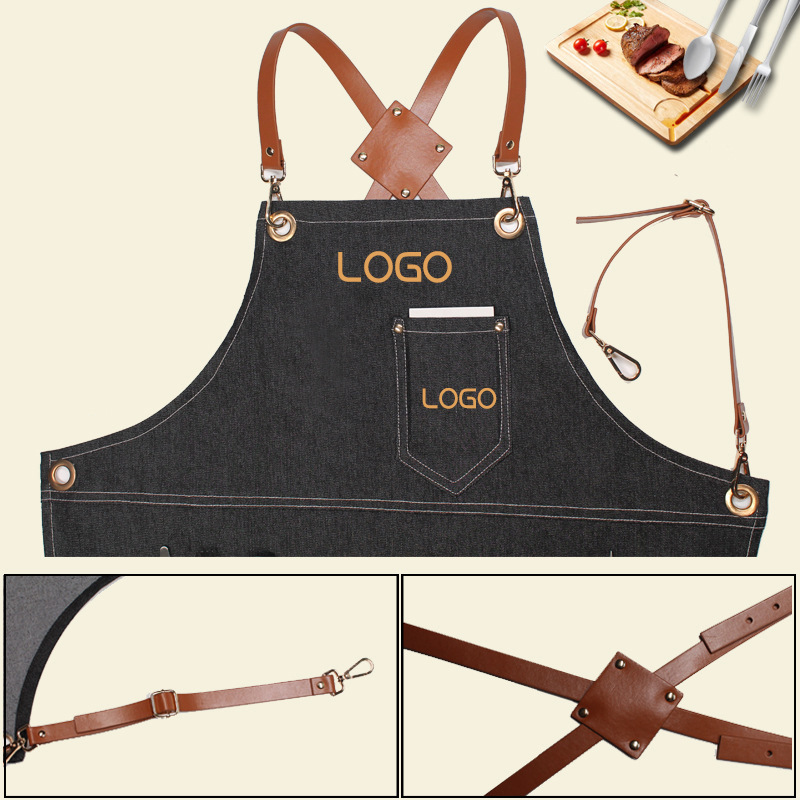 Leatherwork Apron - 플로럴 PU 가죽 스트랩 데님 작업