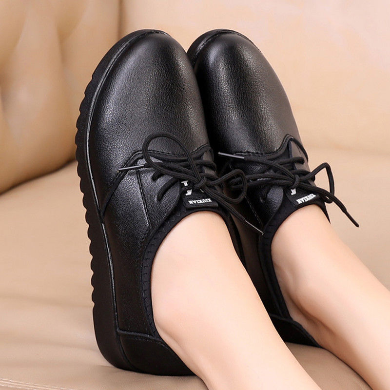 솔리드 블랙 옥스포드 슈즈 여성 작업용 가죽 웨지 플랫 - Leather Work Oxfords 리뷰 및 가격