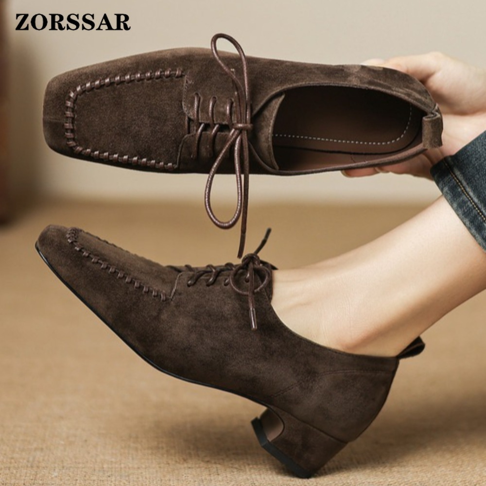 여성용 브라운 스웨이드 스퀘어 토 레이스업 옥스퍼드 슈 - Leather Work Oxfords 리뷰 및 가격