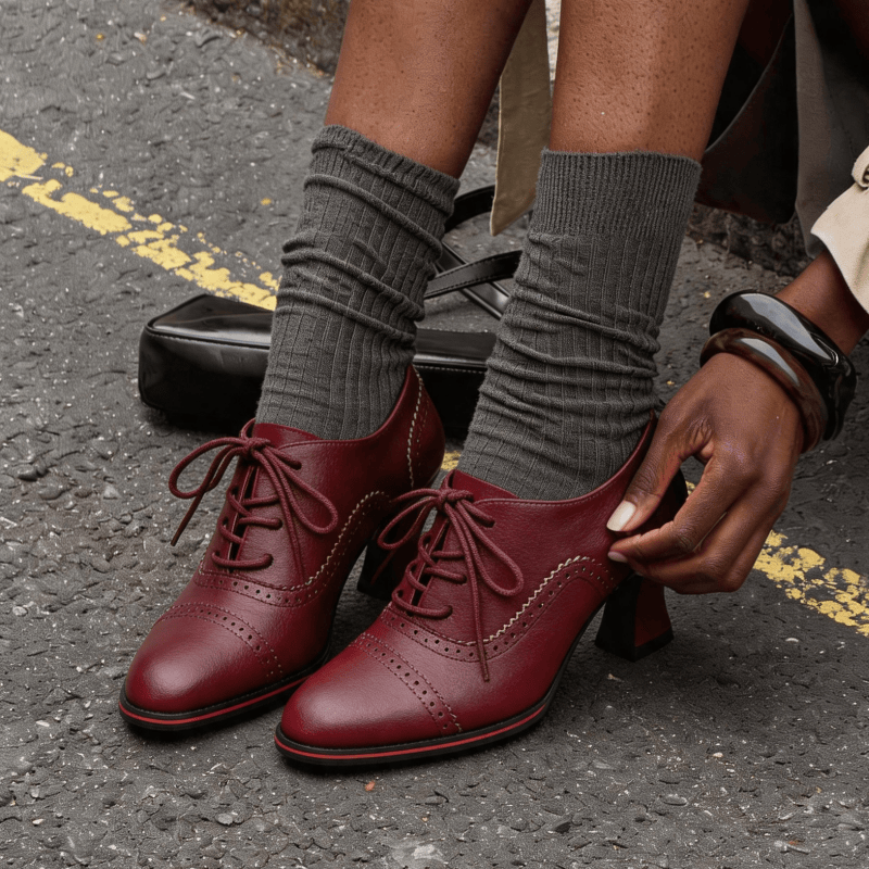여성용 인조 가죽 브로그 옥스퍼드 힐 플레어드 미드 블 - Leather Work Oxfords 리뷰 및 가격